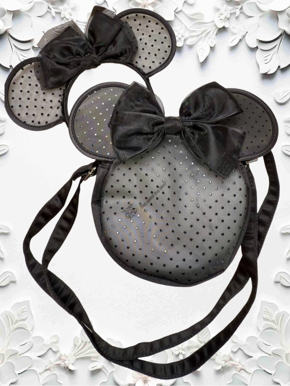 Tokyo Disney Resort Minnie Mouse Black Dot Lace Headband Ears & Matching Bag Set